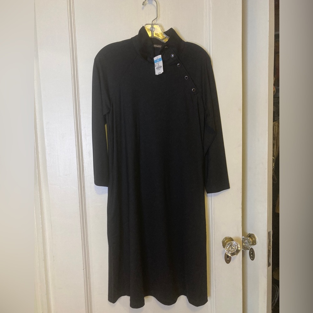 NWT J.McLaughlin jersey dress in black, brass snap buttons at collar, midi, M